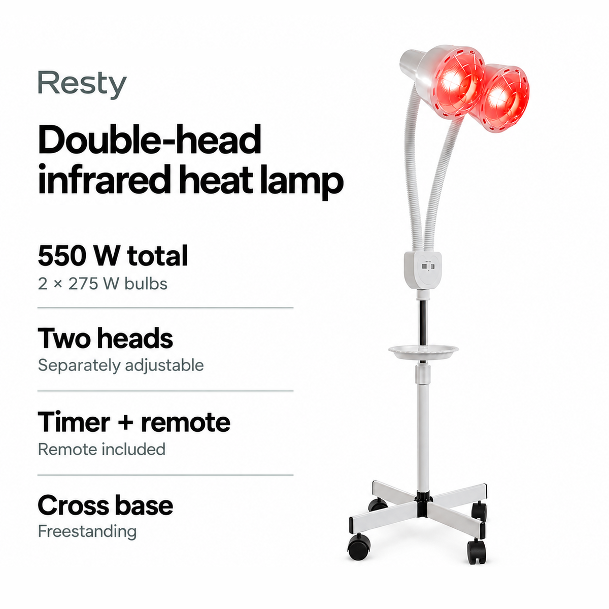 Resty double-head infrared heat lamp infographic: 550 W total from 2 × 275 W bulbs, two separately adjustable heads, a timer with an included remote control and a freestanding cross base.