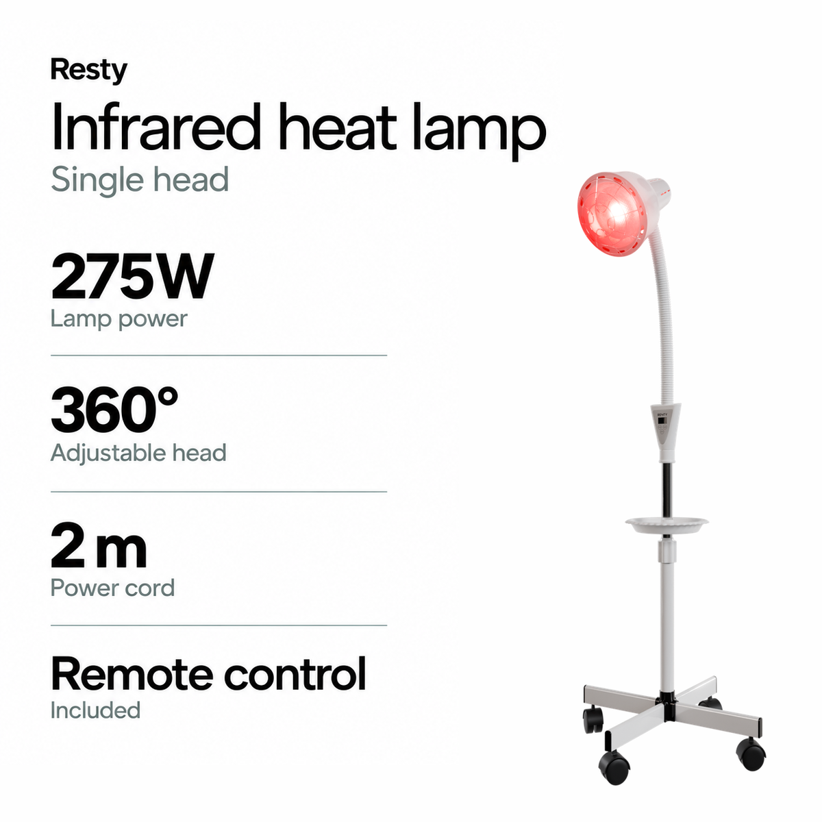 Resty single-head infrared heat lamp infographic: 275W lamp power, 360° adjustable head, 2 m power cord and an included remote control.